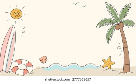 Background of beach with coconut tree and surfing board
