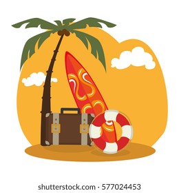 background beach with element vacations and surf board