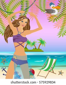 background with beach, palm trees, sun and girl