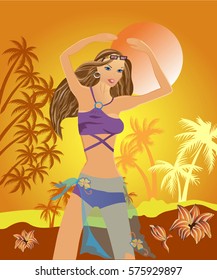 background with beach, palm trees, sun and girl
