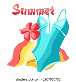 Background with beachwear and swimwear. Summer clothes and accessories. Seasonal sale or fashion illustration for advertising.