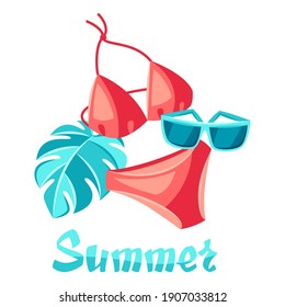 Background with beachwear and swimwear. Summer clothes and accessories. Seasonal sale or fashion illustration for advertising.