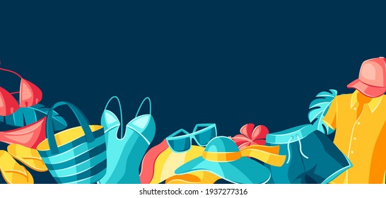 Background with beachwear and swimwear. Summer clothes and accessories.