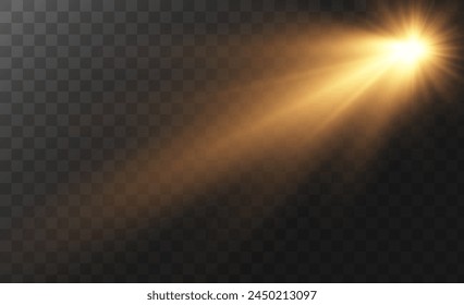 The background is a beam of light or sunbeam vector. It features an abstract golden light that sparkles and flashes like a spotlight, with golden sunlight glitter on a transparent background.