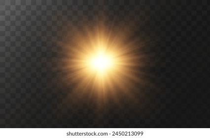 The background is a beam of light or sunbeam vector. It features an abstract golden light that sparkles and flashes like a spotlight, with golden sunlight glitter on a transparent background.