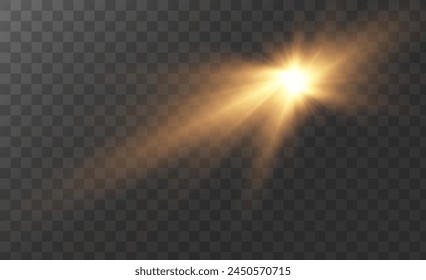 Der Hintergrund ist ein Lichtstrahl oder ein Sonnenstrahl Vektorgrafik. Es verfügt über ein abstraktes goldenes Licht, das funkelt und wie ein Scheinwerfer blinkt, mit goldenem Sonnenlicht Glitzer auf einem transparenten Hintergrund.