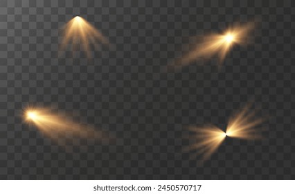 The background is a beam of light or sunbeam vector. It features an abstract golden light that sparkles and flashes like a spotlight, with golden sunlight glitter on a transparent background.