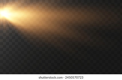 The background is a beam of light or sunbeam vector. It features an abstract golden light that sparkles and flashes like a spotlight, with golden sunlight glitter on a transparent background.