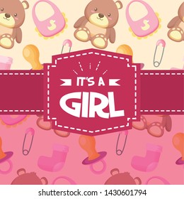 background bear toy bib pacifier girl decoration baby shower card vector illustration