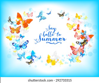 Background with beautiful butterflies with place for text. Summer illustration.