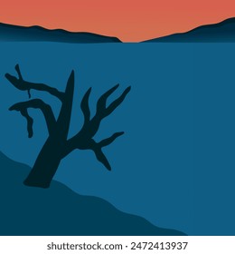 background of beautiful calm blue lake in the orange afternoon with dead trees flat vector art