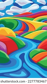Fondo con un hermoso paisaje con montañas, ríos y colinas, cielo azul de colores vivos con nubes. Ilustración vectorial al estilo de las caricaturas planas.
