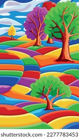 Background with beautiful landscape with trees, mountains, hills, bright color blue sky with clouds. Vector illustration in flat cartoon style.