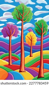 Background with beautiful landscape with trees, mountains, hills, bright color blue sky with clouds. Vector illustration in flat cartoon style.