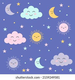 Fondo con hermosas nubes y estrellas de colores sonrientes.Ilustración vectorial.