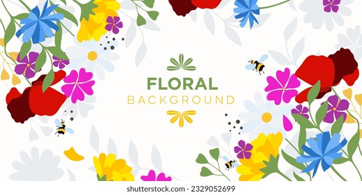 Background with beautiful summer flowers in vector, flat style.