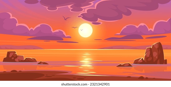 Background of a beautiful sunset on the ocean beach. Landscape view of a sunrise on the tropical seashore. Sun setting on the horizon with pink clouds in the sky. Cartoon vector illustration.