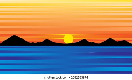 Background beautiful sunset over the sea. Panoramic wide banner. Nature. Vector graphics.