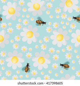 Background from beautiful white camomile and honey bee. Camomile field seamless pattern and chamomile field vector honey bee natural background. White chamomile field sunny seamless pattern.