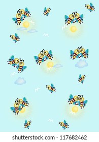 Background of the bee. Cheerful bees fly in the sky. 10 EPS.