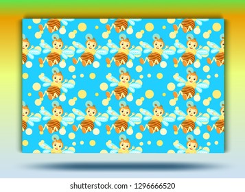 Background bee pattern. Blue backgroun, yellow cheerful bee.Set