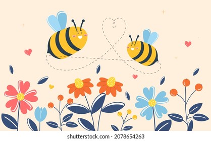 Background with bee. Summer insects pollinate flowers. Graphic elements for printing on fabric. Honey, nature, flora and fauna, wildlife. Greeting or invitation card. Cartoon flat vector illustration