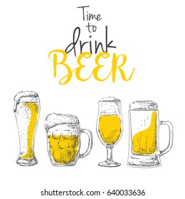 Background with beer. Caption: time to drink beer. Place on your text. Vector illustration of a sketch style.