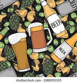 Background of beer decorated with hops, malt bunch, different types of beer, bottles and pretzels. Vintage vector oktoberfest seamless pattern drawn in engraving technique.