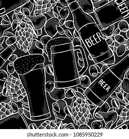 Background of beer decorated with hops, malt bunch, different types of beer, bottles and pretzels. Vintage vector oktoberfest seamless pattern drawn in engraving technique. Coloring book page