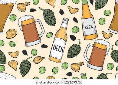 Background of beer decorated with hops, malt bunch, different types of beer, bottles and pretzels. Vintage vector oktoberfest seamless pattern drawn in engraving technique.