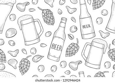 Background of beer decorated with hops, malt bunch, different types of beer, bottles and pretzels. Vintage vector oktoberfest seamless pattern drawn in engraving technique. Coloring book page