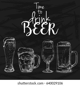 Background with beer. Drawing chalk on a blackboard. Caption: time to drink beer. Place on your text. Vector illustration of a sketch style.