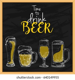 Background with beer. Drawing chalk on a blackboard. Caption: time to drink beer. Place on your text. Vector illustration of a sketch style.