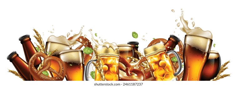 Background with beer elements, glasses with foamy beer and pretzels. May be used for design menu beer restaurant. Highly realistic illustration.