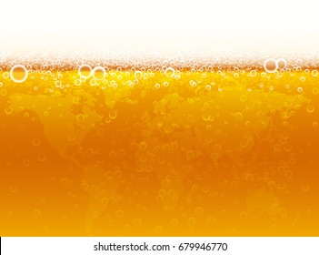 Background of beer with foam, bubbles and world map. Vector illustration for international beer day.