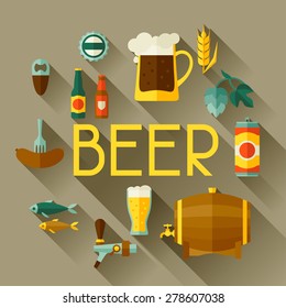 Background with beer icons and objects in flat style.