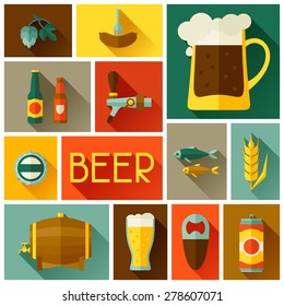 Background with beer icons and objects in flat style.