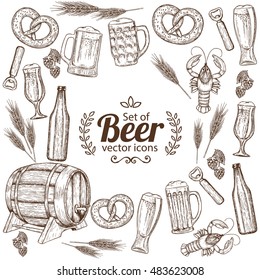 Fondo con iconos de cerveza para el oktoberfest. Dibujo de cerveza estilo boceto para decoraciones antiguas de pub o de bar.Vector.