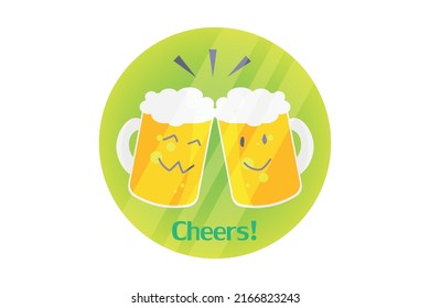 Background of Beer mugs on wooden table with funny cute faces. Friendship day concept