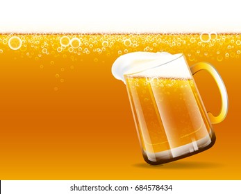 Background of beer and overflow beer glass with foam and bubbles. Vector illustration.