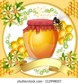 Background with bees and honey jar