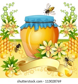 Background with bees and honey jar