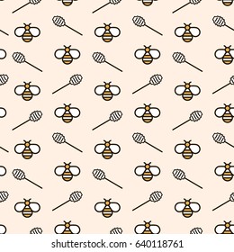 Background with bees and honey spoons. Vector seamless honey pattern. Simple background  for prints, digital, web, decoration, banners, wrapping paper, package. Food backdrop. EPS10.