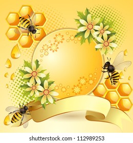 Background with bees, honeycomb and beautiful flowers
