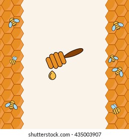 Background with bees on the honeycomb. Honey label.