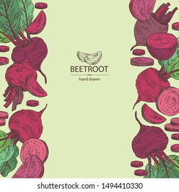 Background with beet: full beetroot and piece of beet. Vector hand drawn illustration 