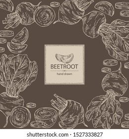 Background with beet: full beetroot and piece of beet. Vector hand drawn illustration