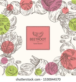 Background with beet: full beetroot and piece of beet. Vector hand drawn illustration