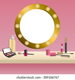 Background beige mirror pink cosmetics make up lipstick mascara eye shadows nail polish frame illustration vector