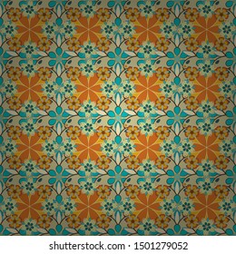 Background in beige, orange and blue colors for gift wrapping. Vector wallpaper design. Stylish beautiful seamless pattern. Seamless pattern with cute flowers. Decoration fabric.